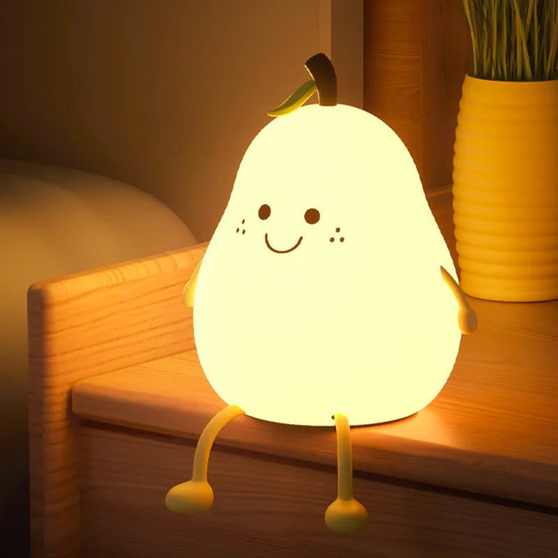 pear night light on bedside table