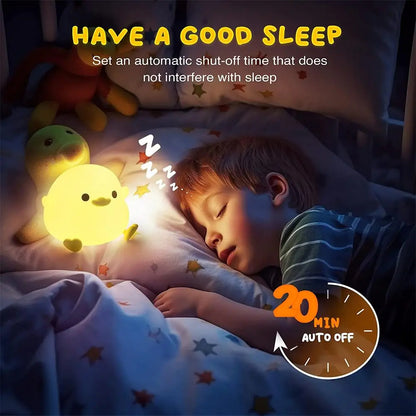 Showcasing the timer-off function with a child sleeping peacefully next to the duck night light.