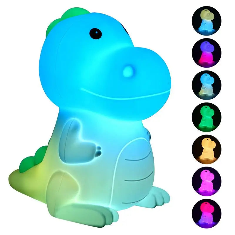 A variety of different colors shown when using the color mode function for the dinosaur night light.