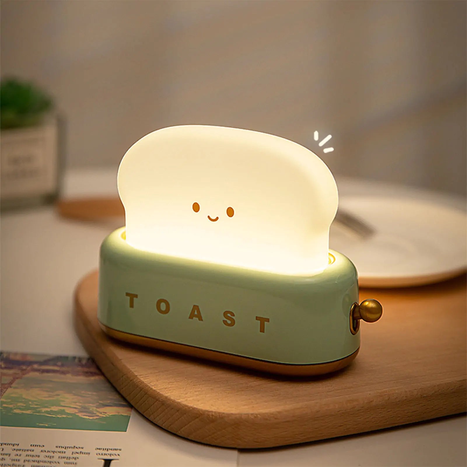 Green Bread Toast Night Light Illuminating on a Kitchen Counter