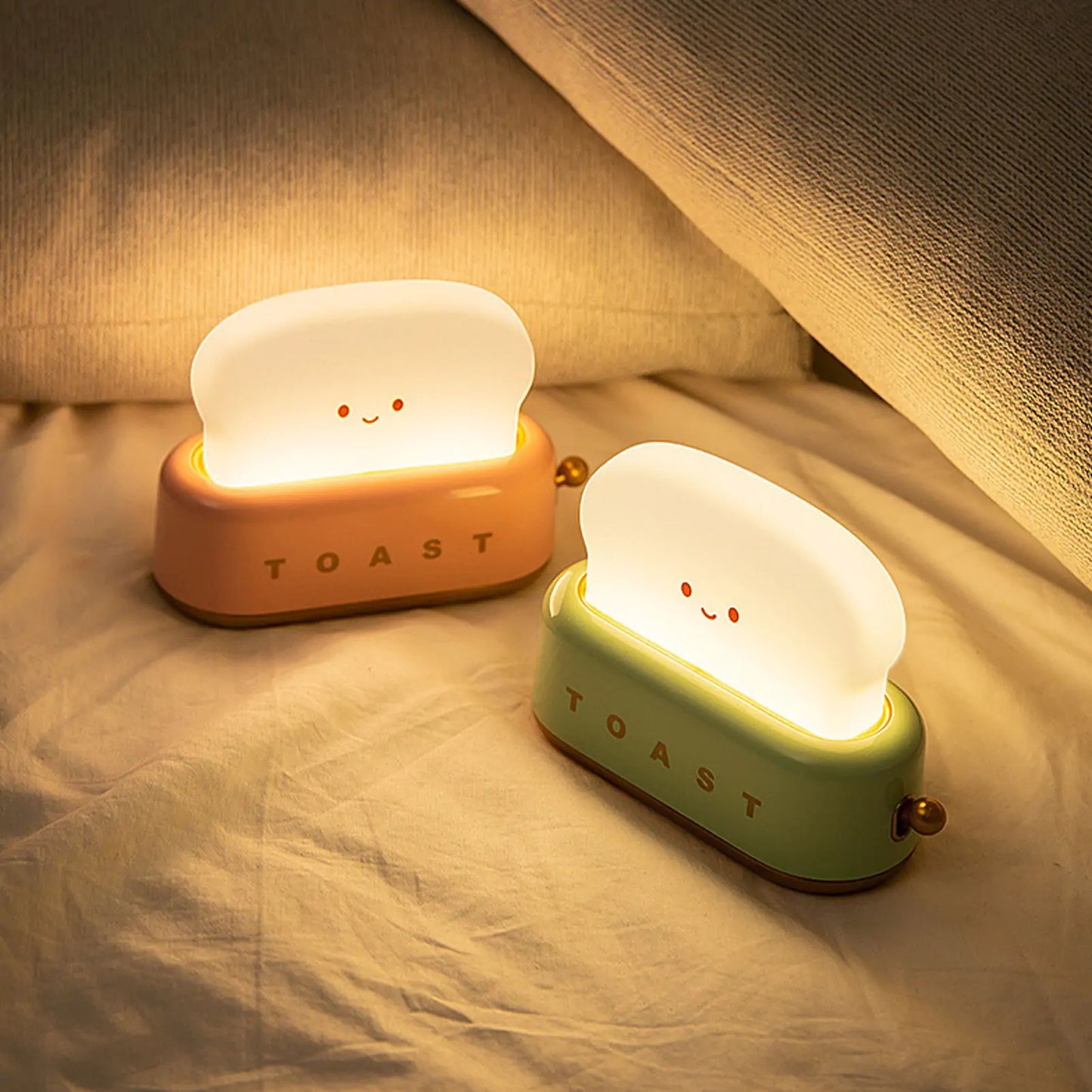 Bread Toast Night Light in Pink and Green Color Option Illuminating in a Cozy Setting